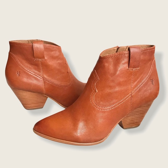 Frye Reina Genuine Cognac Leather Pull On Everyday Casual Wood Heel Ankle Bootie - Picture 13 of 14